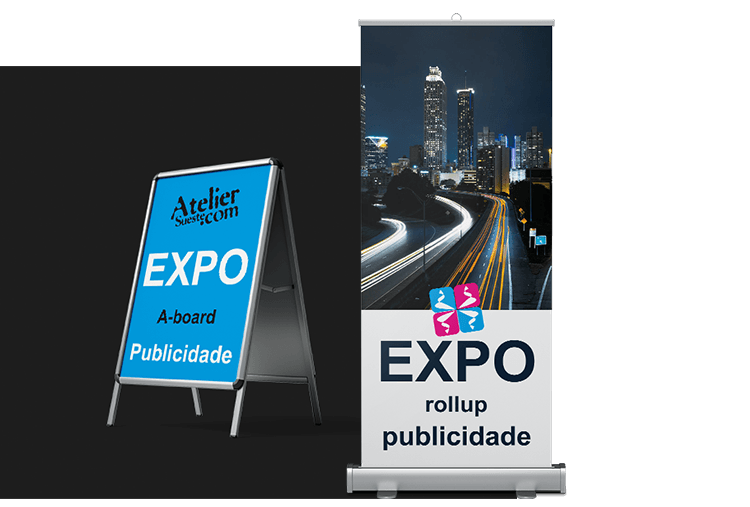 exemplos de suportes e expositores (rollup e A-board), por atelier sueste 